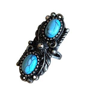 Neogoth Faux Turquoise Double Stone Ring Size 7